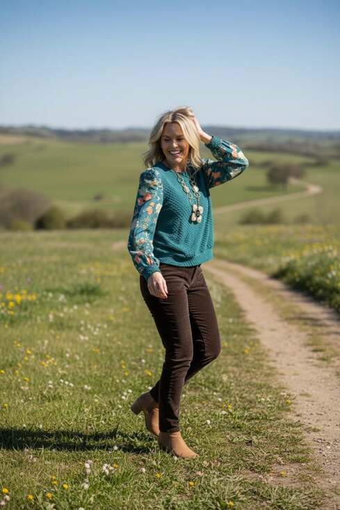 Porridge Clothing Tops - 💋Anthropologie Teal top with floral sleeves 172